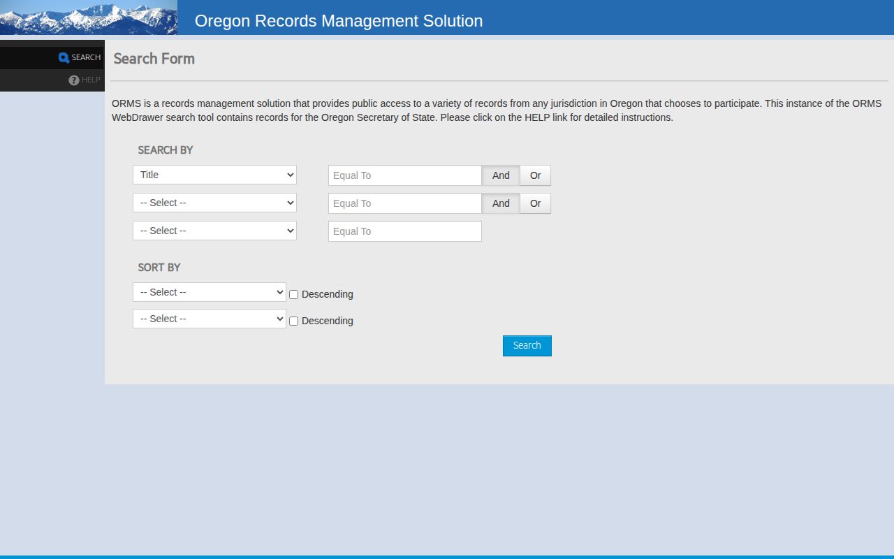 Oregon State Archives catalog search screen for historical records