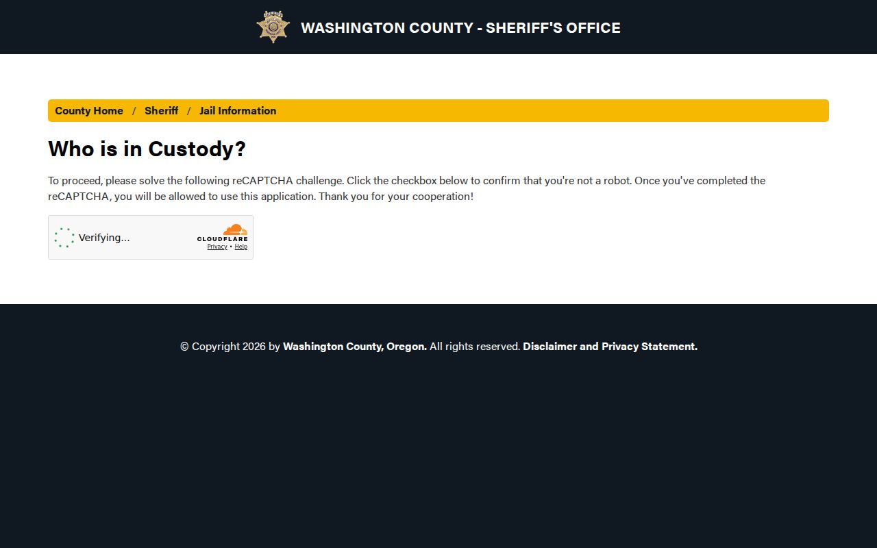 Washington County Oregon current custody lookup page