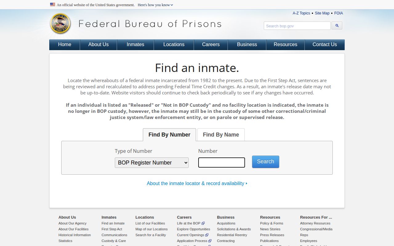 Federal Bureau of Prisons inmate locator search form for federal custody