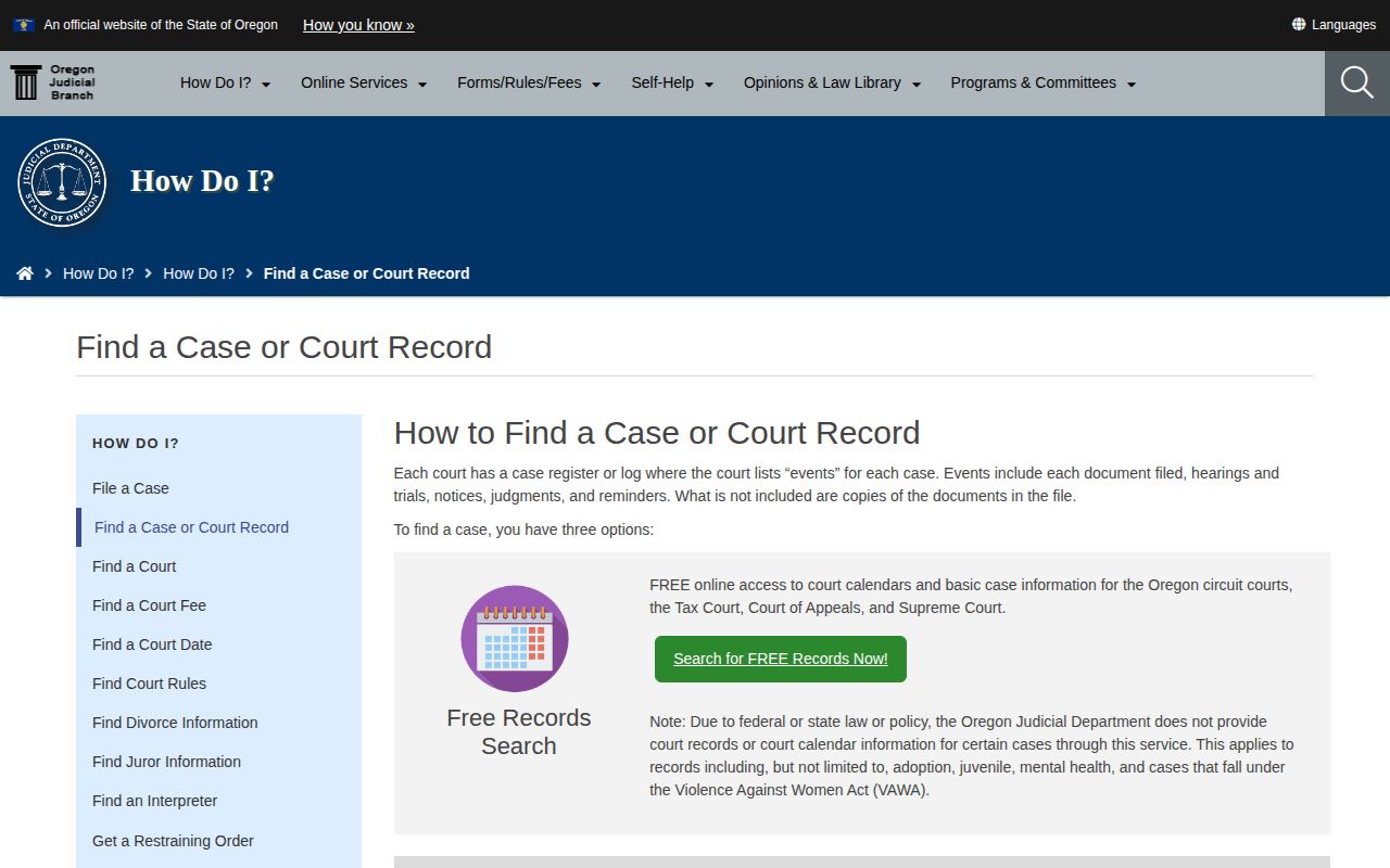 Oregon Judicial Department instructions for finding a case or court record