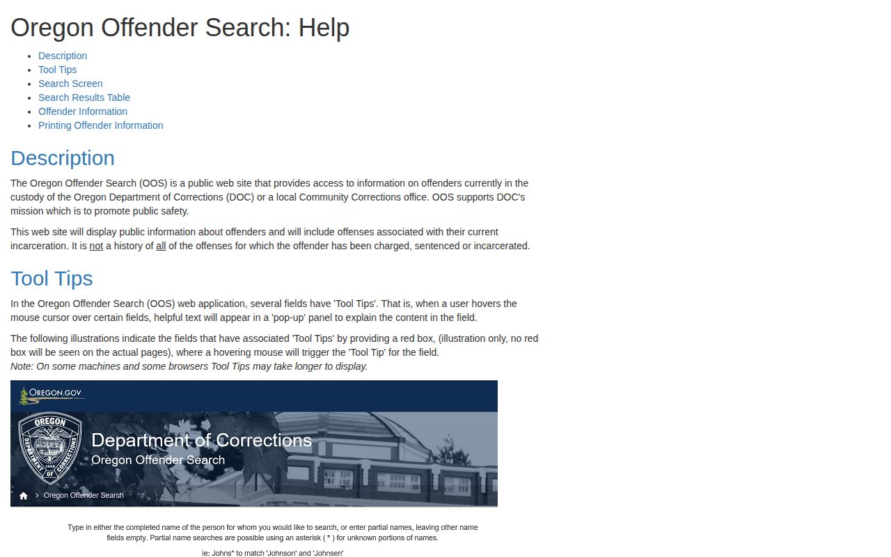 Oregon DOC Offender Search help describing current custody scope and record limits