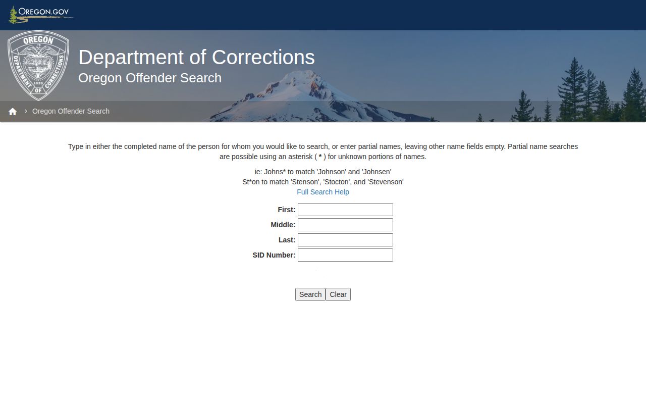 Oregon DOC offender search fields for names and SID number