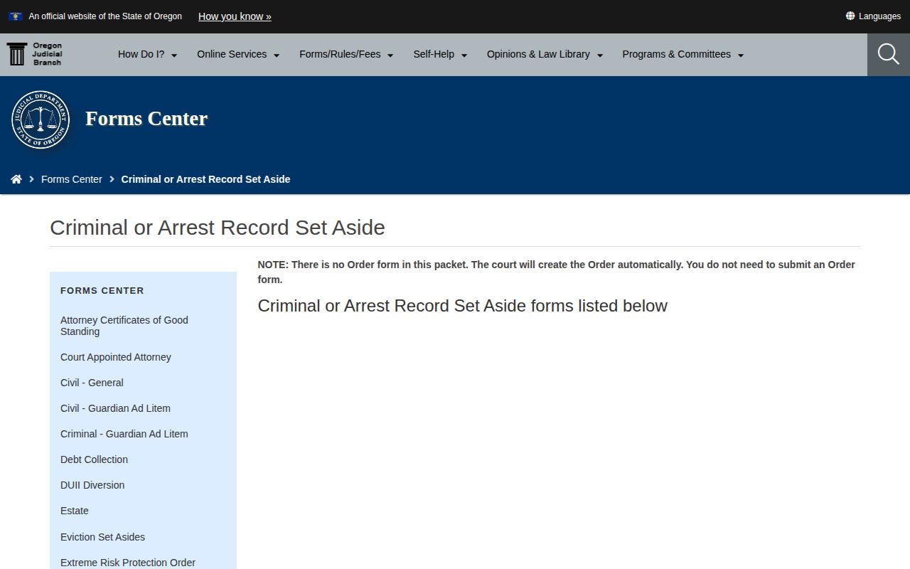 Oregon Judicial Department adult arrest and criminal record set-aside forms page