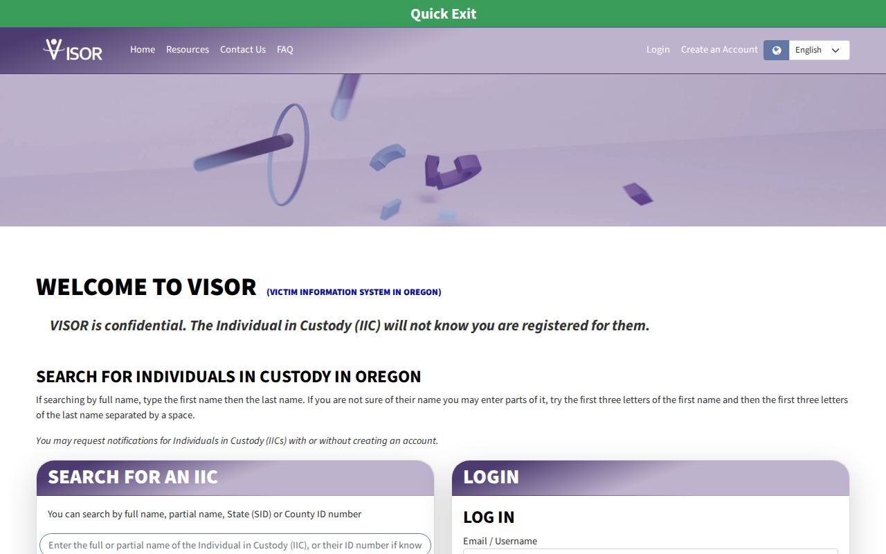 Oregon VISOR custody search and notification sign-in screen