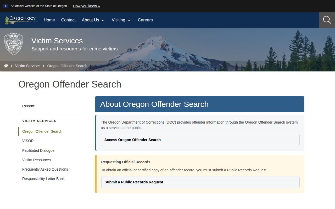 Oregon DOC offender search landing page and records links