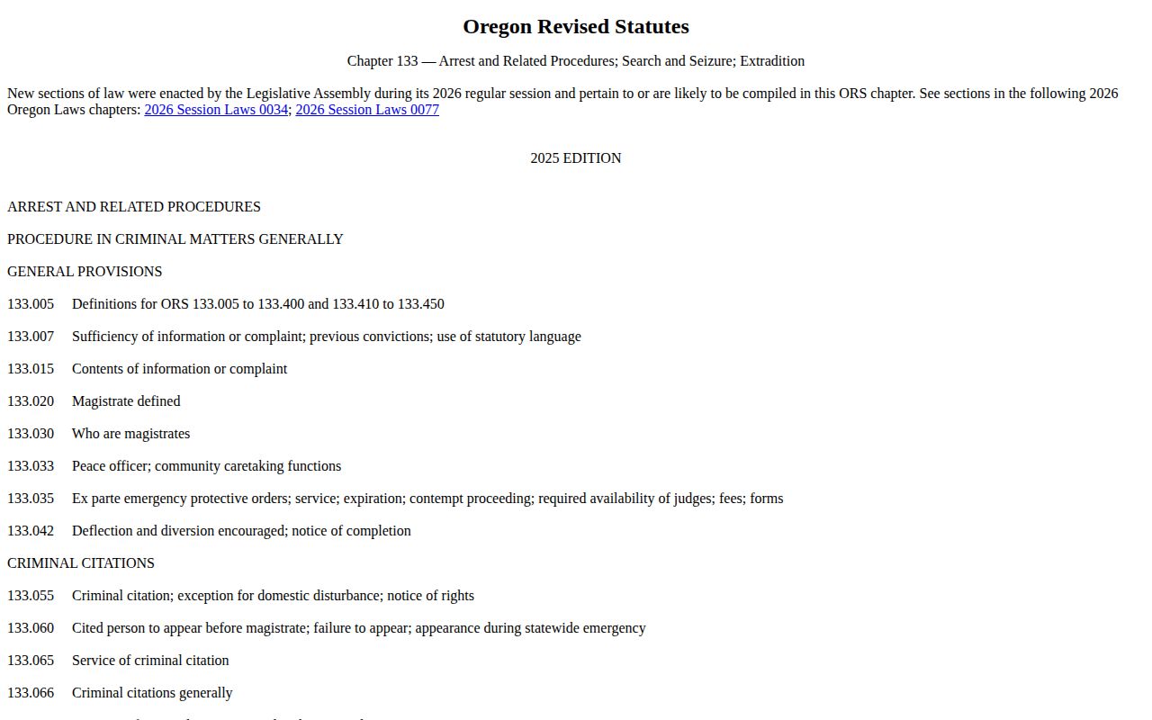 Oregon booking-photo law sections in ORS Chapter 133