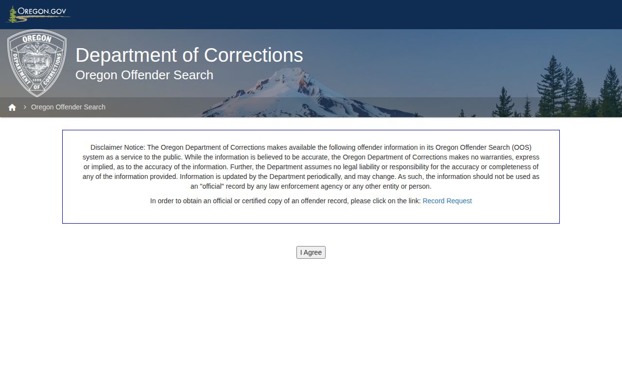 Oregon DOC offender search notice about periodic updates and record status