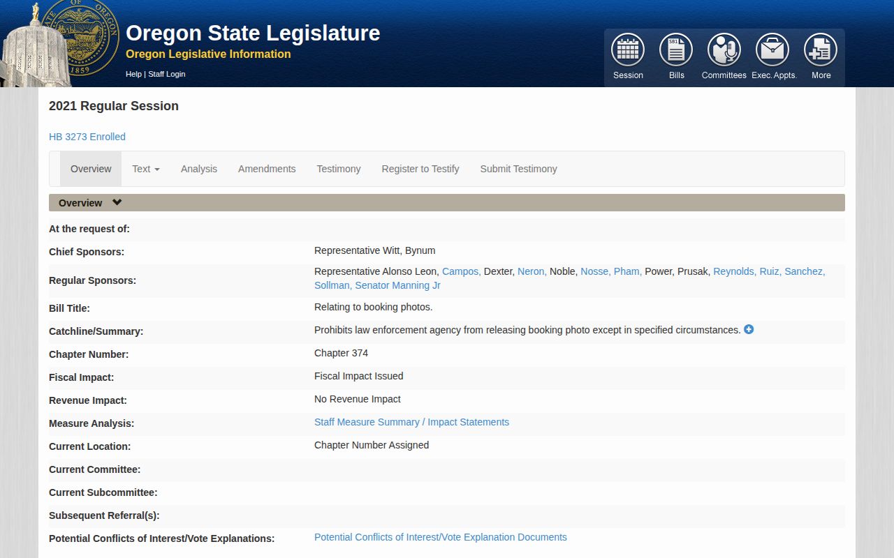 Oregon HB 3273 official title and summary for the booking-photo law